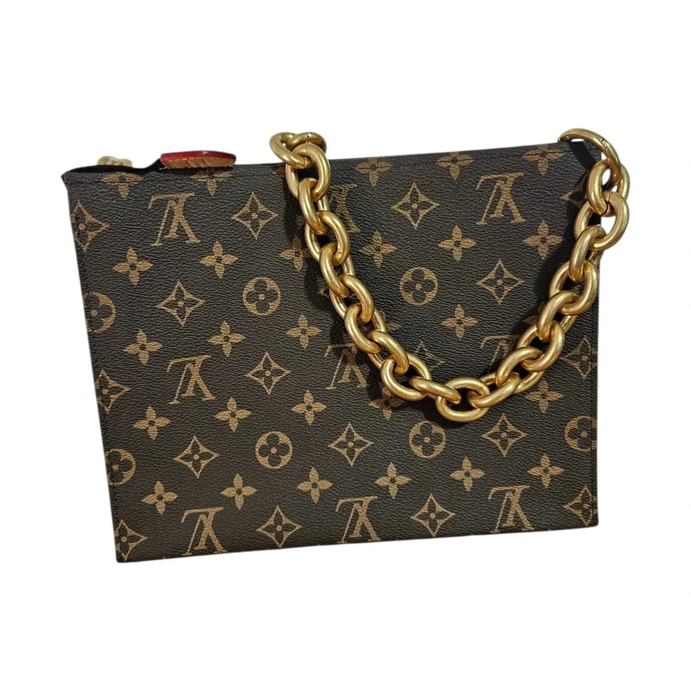 LOUIS VUITTON Poche Toilette Toiletry Bag Leather Monogram Pouch 26 Gold Chain - Picture 2 of 15